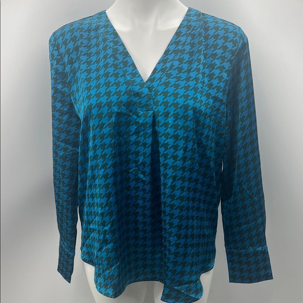 Ann Taylor Teal Houndstooth V-Neck Blouse